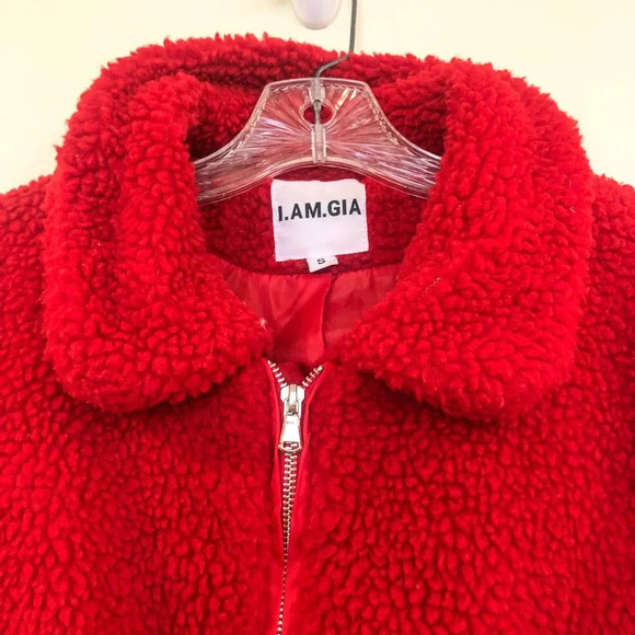 I. AM. GIA. Red Oversized Full Zip Collared Teddy Jacket Women's Small - Picture 6 of 9